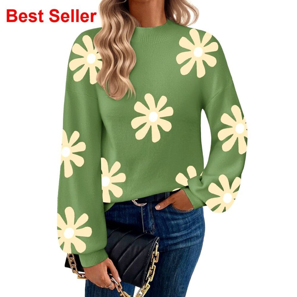 Turtleneck Pullover Sweater Lantern Sleeve Knit Top Loose Fit